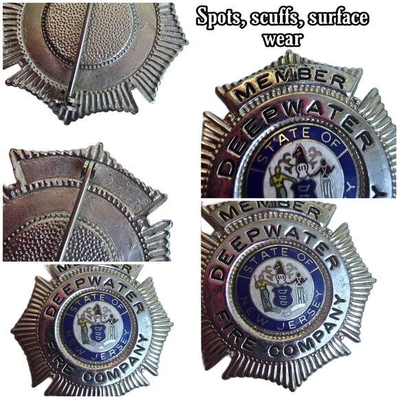 Vintage Firefighter Badge DeepWater Fire Co New Jersey Silver Tone Metal Pin NJ - Picture 3 of 4